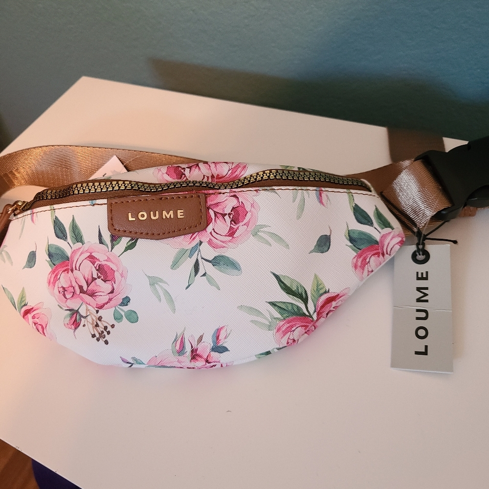 Loume NWT Belt Bag Rose Floral Fanny Pack Gold Zipper Adjustable Strap